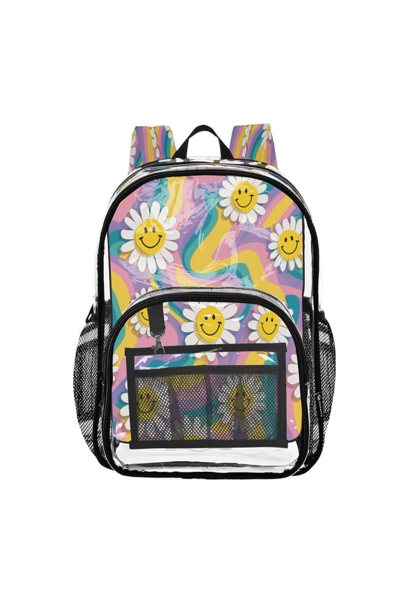 Clear PVC Backpack 12L Transparent Shoulder Bag with Mesh Pockets Smiley Faces on The Flowers