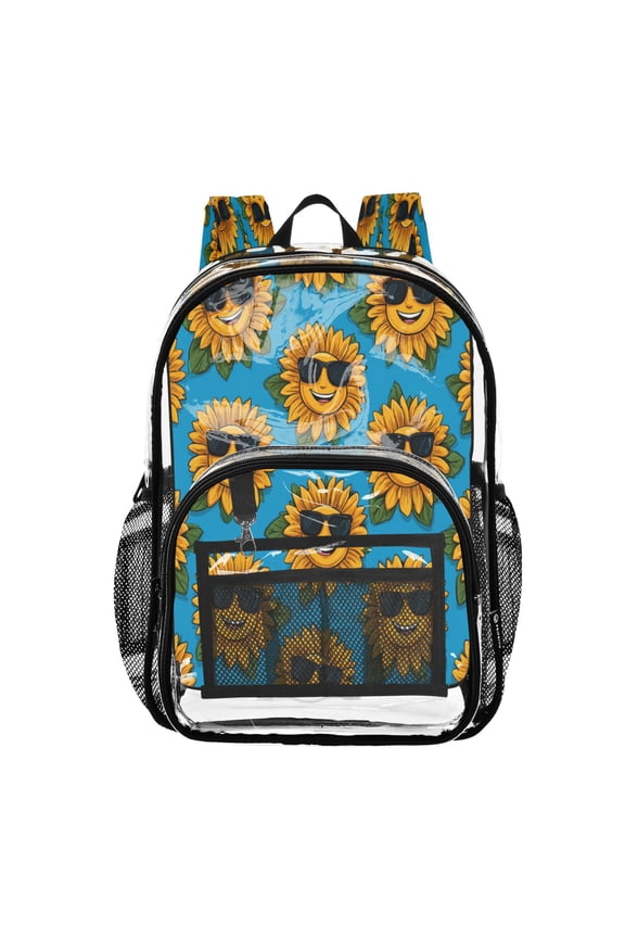 Clear PVC Backpack 12L Transparent Shoulder Bag with Mesh Pockets Smiley Sunglasses Sunflowers