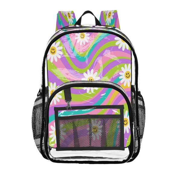 Clear PVC Backpack 12L Transparent Shoulder Bag with Mesh Pockets Smiling Daisy on Multicolor Background