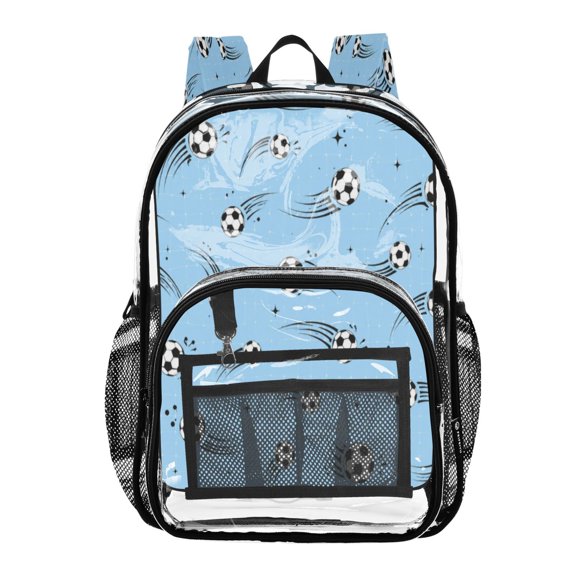 Clear PVC Backpack 12L Transparent Shoulder Bag with Mesh Pockets Soccer Ball Motion Pattern