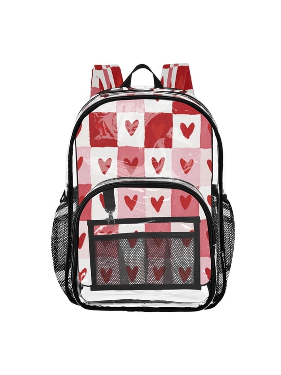 Clear PVC Backpack 12L Transparent Shoulder Bag with Mesh Pockets Soft Heart Checkerboard