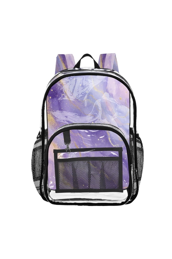 Clear PVC Backpack 12L Transparent Shoulder Bag with Mesh Pockets Soft Purple Marble Vortex