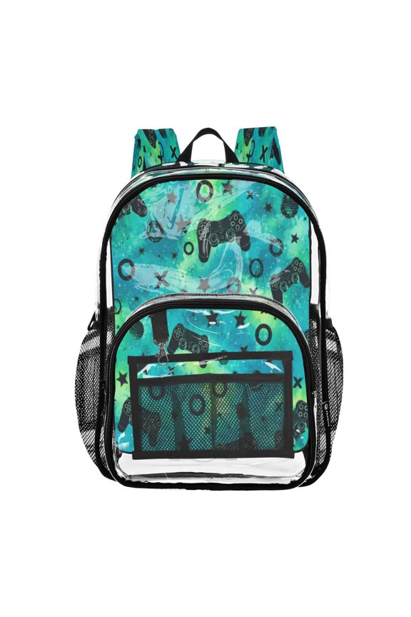 Clear PVC Backpack 12L Transparent Shoulder Bag with Mesh Pockets Space Gaming Stars