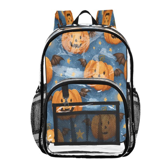 Clear PVC Backpack 12L Transparent Shoulder Bag with Mesh Pockets Spooky Evil Pumpkin Designs