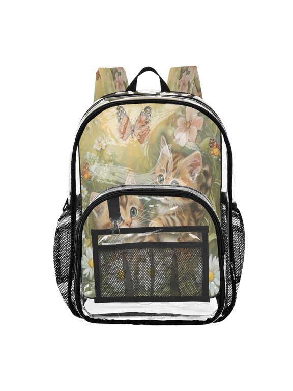 Clear PVC Backpack 12L Transparent Shoulder Bag with Mesh Pockets Spring Meadow Tabby Kittens