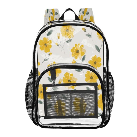 Clear PVC Backpack 12L Transparent Shoulder Bag with Mesh Pockets Spring Yellow Daisy Floral