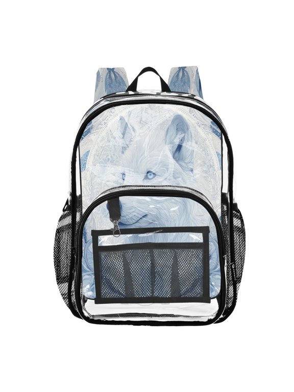 Clear PVC Backpack 12L Transparent Shoulder Bag with Mesh Pockets Striking Arctic Wolf