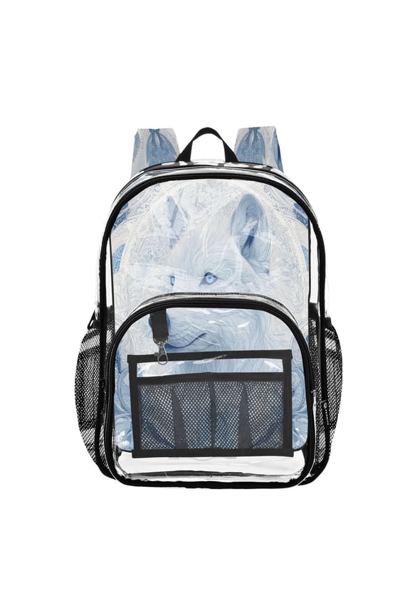 Clear PVC Backpack 12L Transparent Shoulder Bag with Mesh Pockets Striking Arctic Wolf