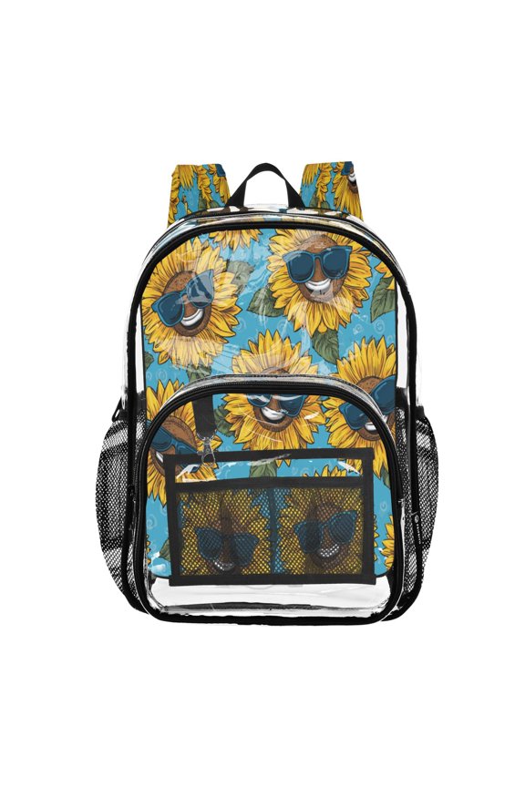 Clear PVC Backpack 12L Transparent Shoulder Bag with Mesh Pockets Sunglasses Smiley Sunflowers