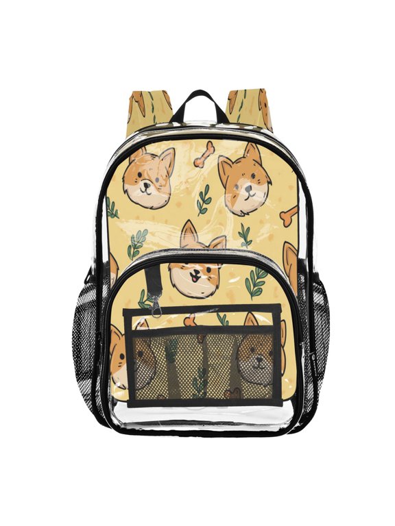 Clear PVC Backpack 12L Transparent Shoulder Bag with Mesh Pockets Sunny Shiba Buddies