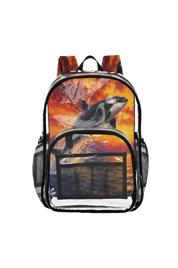 Clear PVC Backpack 12L Transparent Shoulder Bag with Mesh Pockets Sunset Ocean Orca Painting