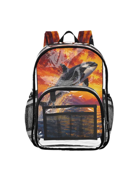 Clear PVC Backpack 12L Transparent Shoulder Bag with Mesh Pockets Sunset Ocean Orca Painting