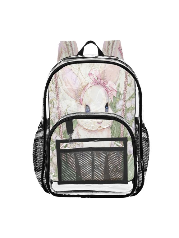 Clear PVC Backpack 12L Transparent Shoulder Bag with Mesh Pockets Sweet Swing Bunny