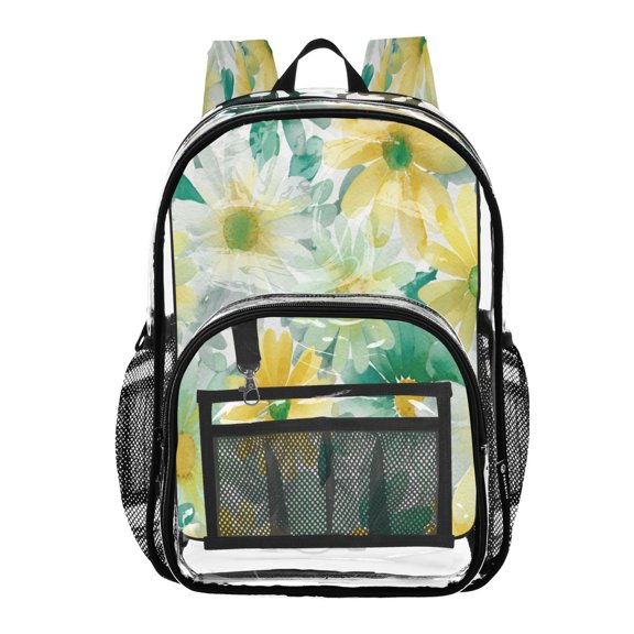 Clear PVC Backpack 12L Transparent Shoulder Bag with Mesh Pockets Teal Yellow Daisy Print