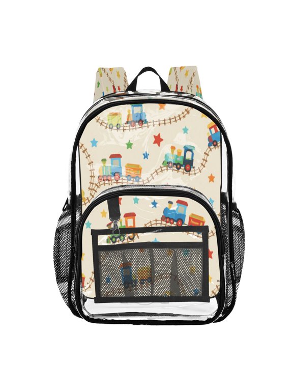 Clear PVC Backpack 12L Transparent Shoulder Bag with Mesh Pockets Train Track Star Pattern