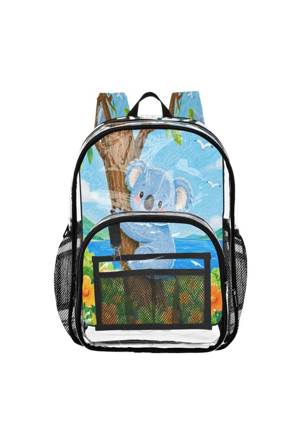Clear PVC Backpack 12L Transparent Shoulder Bag with Mesh Pockets Tree Koala Lake Wall Print