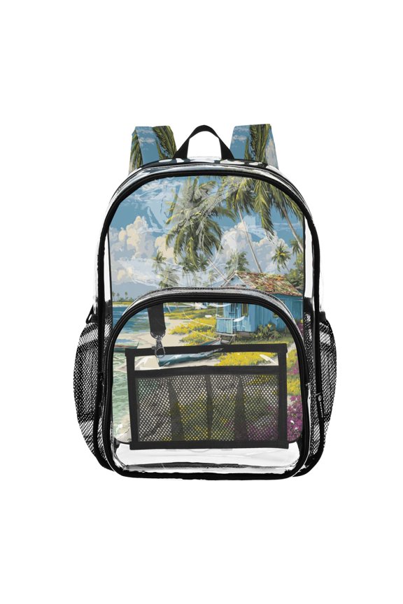 Clear PVC Backpack 12L Transparent Shoulder Bag with Mesh Pockets Tropical Beach Hut Escape