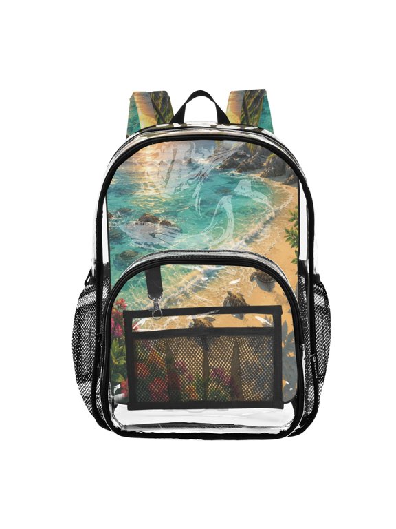Clear PVC Backpack 12L Transparent Shoulder Bag with Mesh Pockets Tropical Shore Sunset Turtles