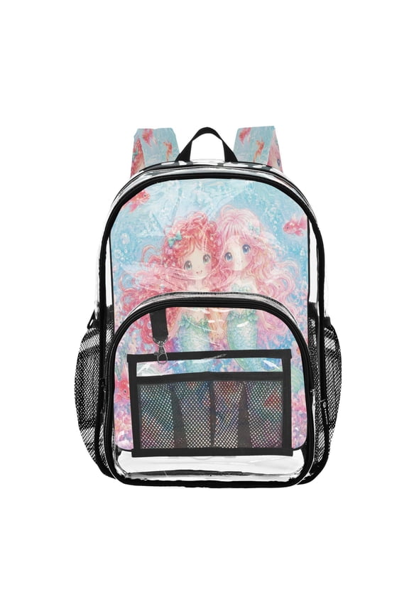 Clear PVC Backpack 12L Transparent Shoulder Bag with Mesh Pockets Twin Little Mermaids Art