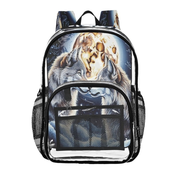 Clear PVC Backpack 12L Transparent Shoulder Bag with Mesh Pockets Two Wolves under Full Moon