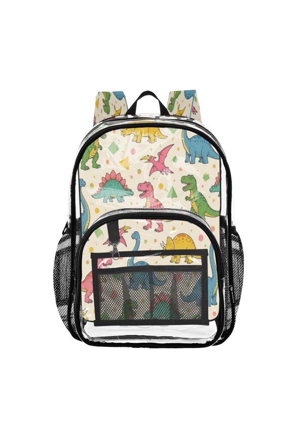 Clear PVC Backpack 12L Transparent Shoulder Bag with Mesh Pockets Vibrant Dino Shapes Pattern