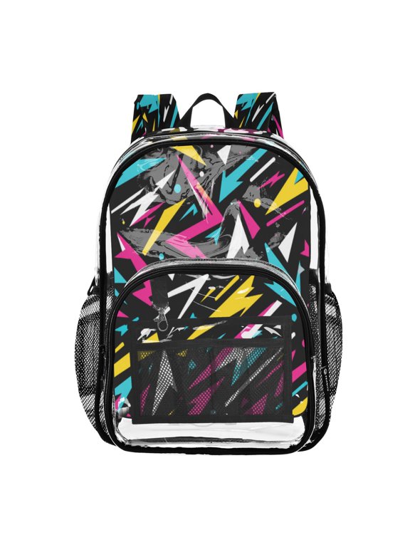 Clear PVC Backpack 12L Transparent Shoulder Bag with Mesh Pockets Vibrant Lightning Bolt Pattern