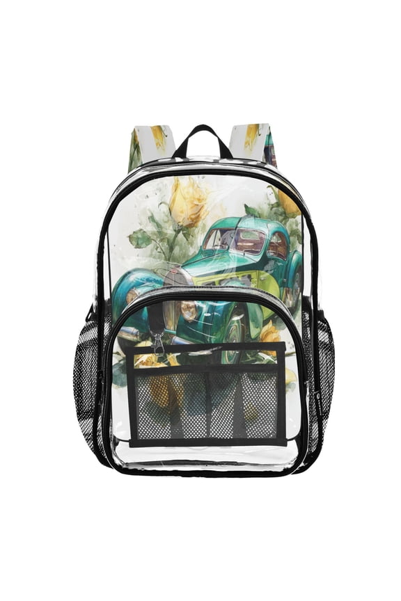 Clear PVC Backpack 12L Transparent Shoulder Bag with Mesh Pockets Vintage Bugatti Yellow Roses