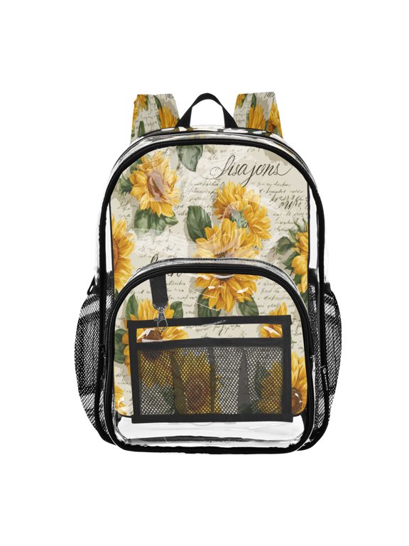 Clear PVC Backpack 12L Transparent Shoulder Bag with Mesh Pockets Vintage Paper with Sunflowers