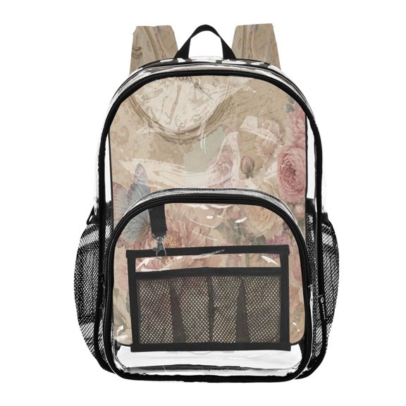 Clear PVC Backpack 12L Transparent Shoulder Bag with Mesh Pockets Vintage Peony Clock Pattern