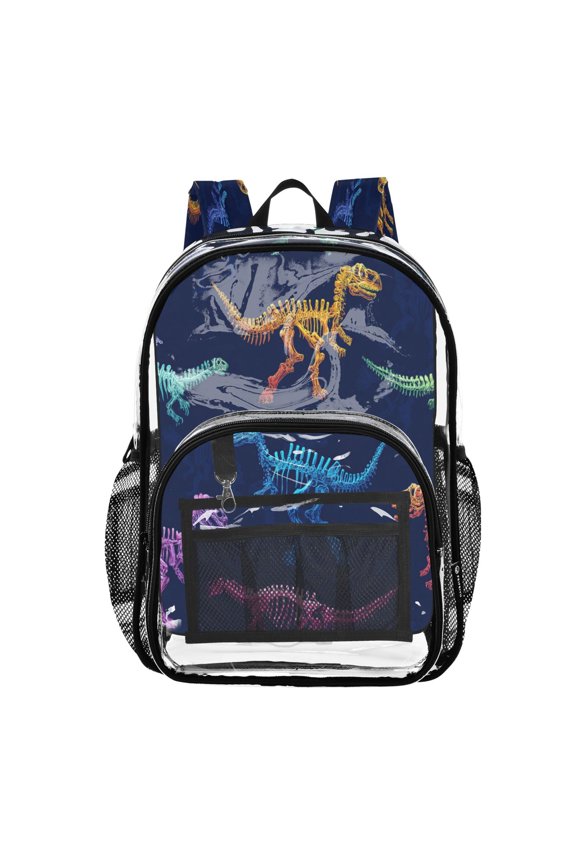 Clear PVC Backpack 12L Transparent Shoulder Bag with Mesh Pockets Vividly Colored Dinosaur Bones