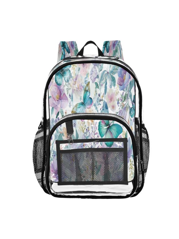 Clear PVC Backpack 12L Transparent Shoulder Bag with Mesh Pockets Watercolor Butterflies Pattern