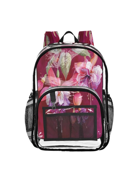 Clear PVC Backpack 12L Transparent Shoulder Bag with Mesh Pockets Watercolor Fuchsia Flowers