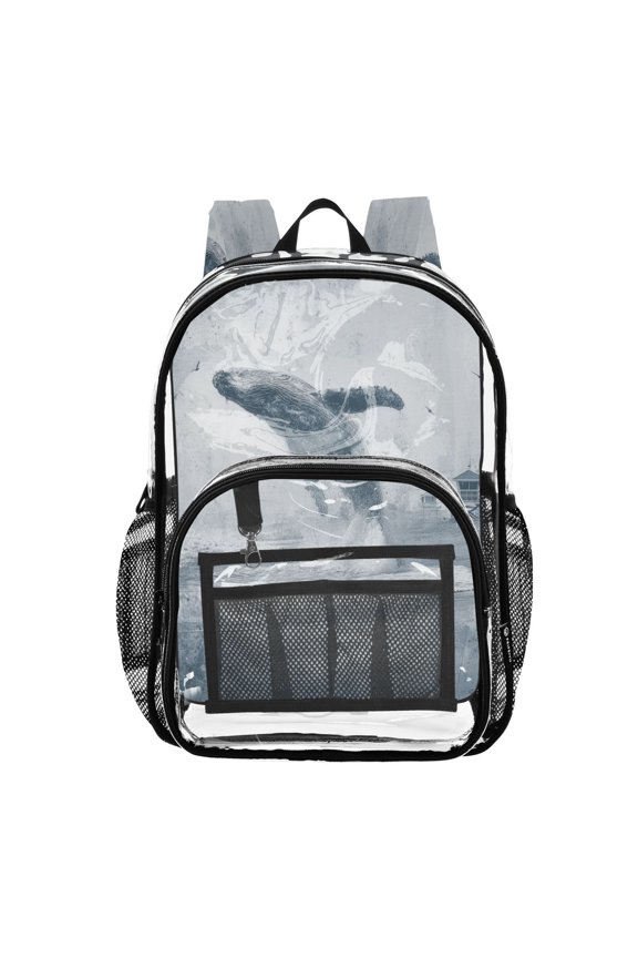 Clear PVC Backpack 12L Transparent Shoulder Bag with Mesh Pockets Whales Leap Out Of The Sea