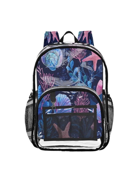 Clear PVC Backpack 12L Transparent Shoulder Bag with Mesh Pockets Whimsical Underwater Ocean Print