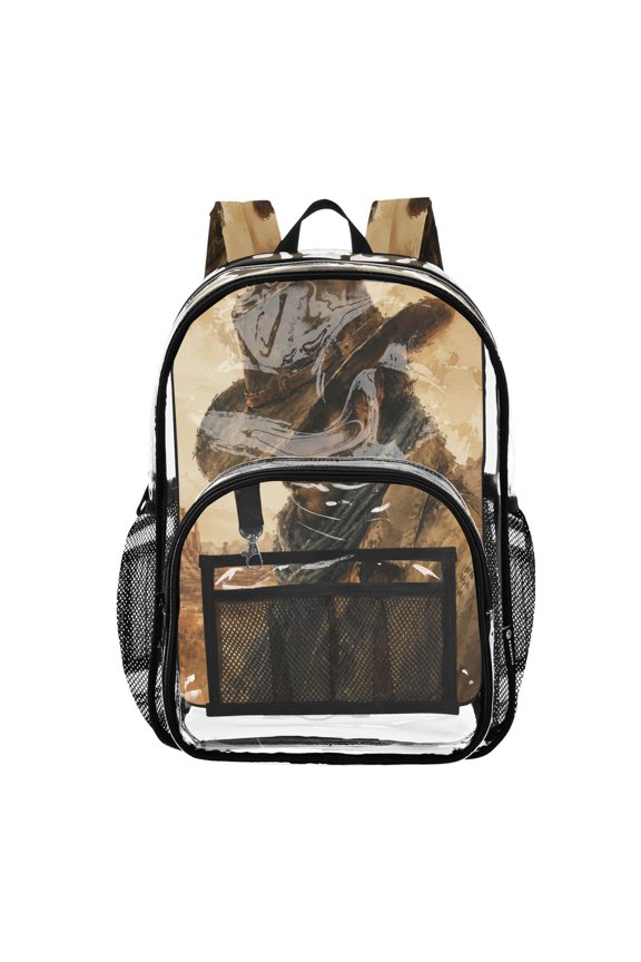 Clear PVC Backpack 12L Transparent Shoulder Bag with Mesh Pockets Wild West Cowboy Pattern