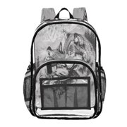 Clear PVC Backpack 12L Transparent Shoulder Bag with Mesh Pockets Wolf Family Mountain Sketch