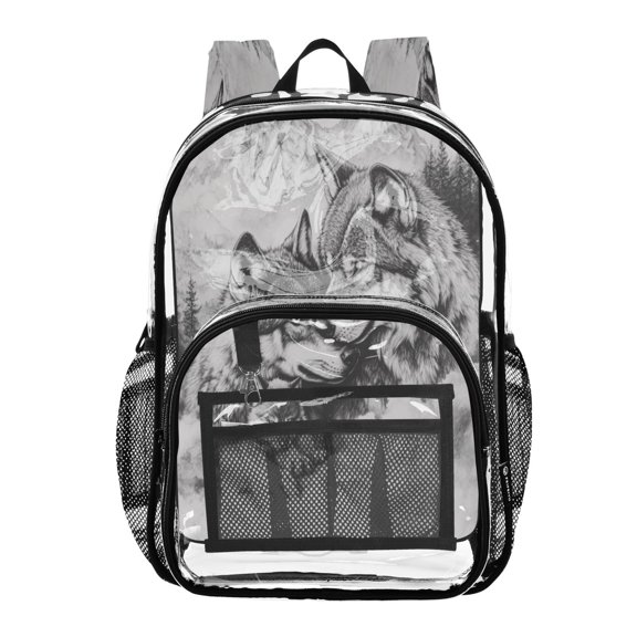 Clear PVC Backpack 12L Transparent Shoulder Bag with Mesh Pockets Wolf Family Mountain Sketch