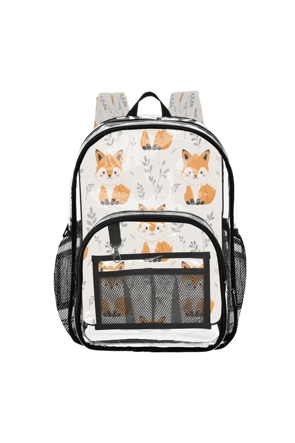 Clear PVC Backpack 12L Transparent Shoulder Bag with Mesh Pockets Woodland Fox Floral Pattern