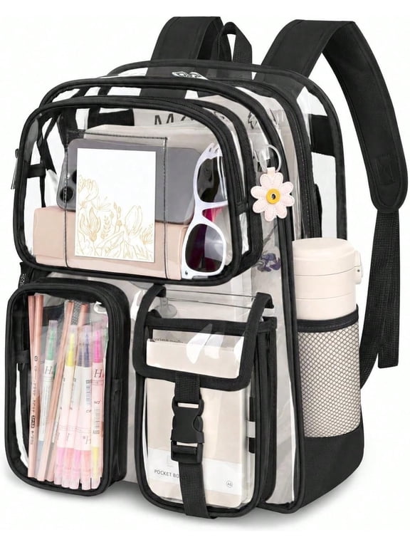 Clear PVC Backpack, Heavy Duty Stadium Approved See Through Transparent Book Bag, Multi Front Pockets With Laptop Sleeve, Reinforced Stitching & Smooth Dual Zipper, Black Trim For School Work