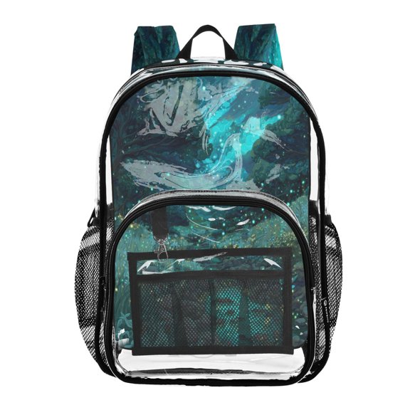 Clear PVC Backpack Large Capacity Multi-Pocket Printed Shoulder Bag Lightweight Daypack for School Travel Outdoor Mystic Forest Glowing Blue Fireflies