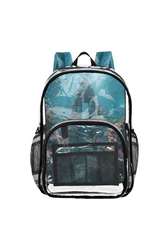 Clear PVC Backpack Large Capacity Multi-Pocket Printed Shoulder Bag Lightweight Daypack for School Travel Outdoor Ancient Temple Ice Castle