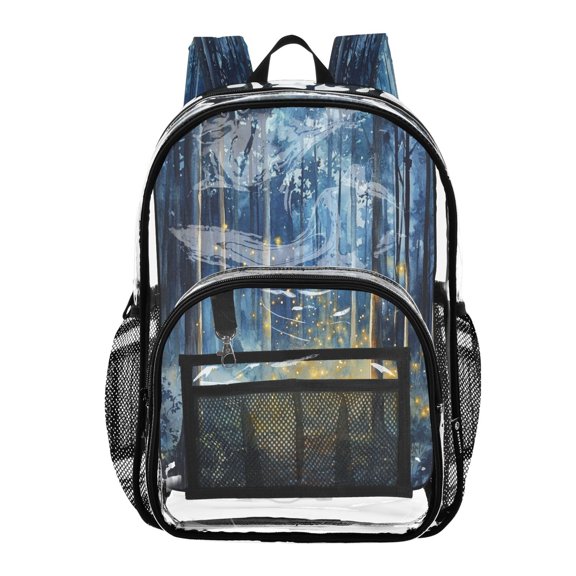 Clear PVC Backpack Large Capacity Multi-Pocket Printed Shoulder Bag Lightweight Daypack for School Travel Outdoor Beautiful Firefly Forest