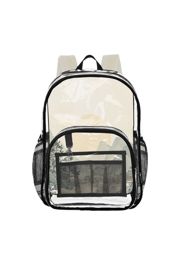 Clear PVC Backpack Large Capacity Multi-Pocket Printed Shoulder Bag Lightweight Daypack for School Travel Outdoor Beautiful Mountain Peak