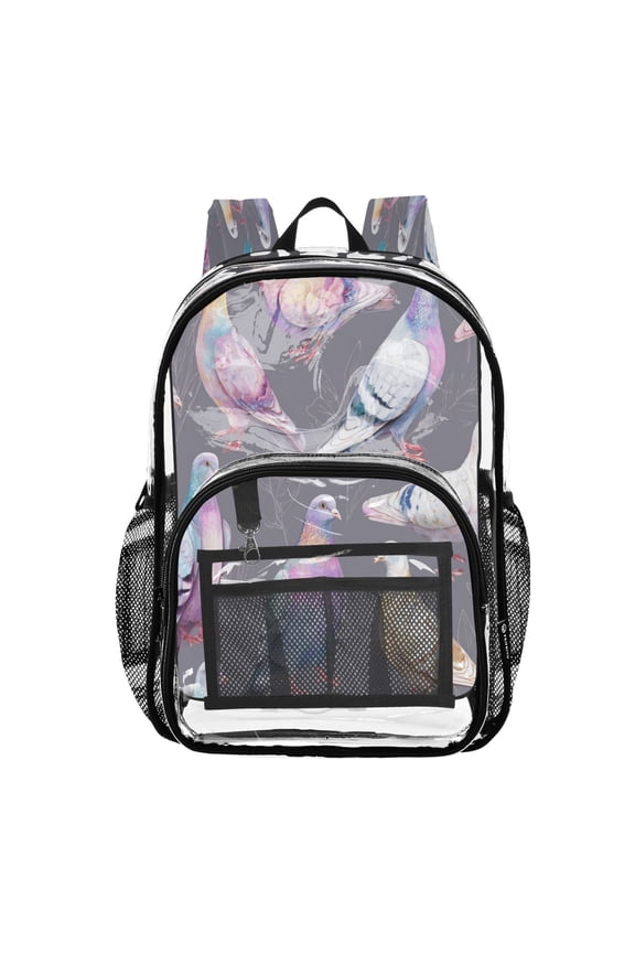 Clear PVC Backpack Large Capacity Multi-Pocket Printed Shoulder Bag Lightweight Daypack for School Travel Outdoor Beautiful Pigeon