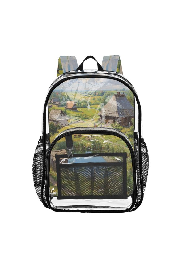 Clear PVC Backpack Large Capacity Multi-Pocket Printed Shoulder Bag Lightweight Daypack for School Travel Outdoor Beautiful Villa