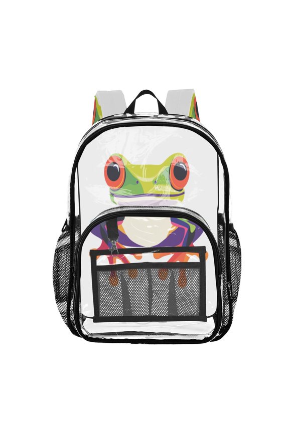 Clear PVC Backpack Large Capacity Multi-Pocket Printed Shoulder Bag Lightweight Daypack for School Travel Outdoor Big-eyed Frog