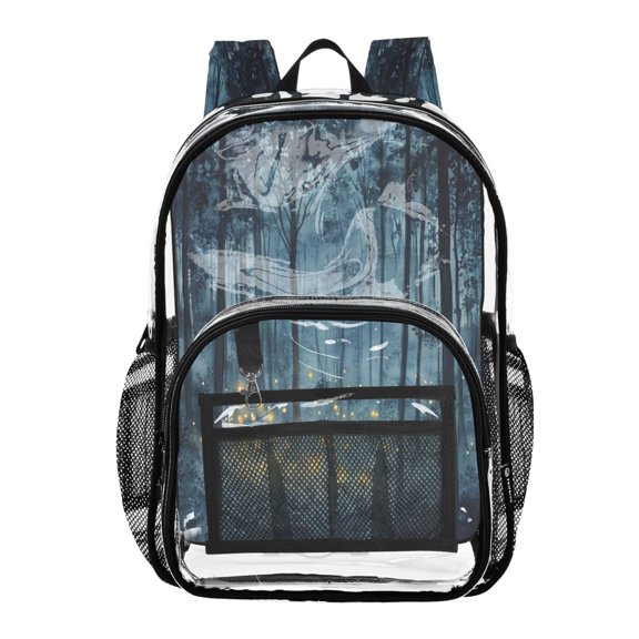 Clear PVC Backpack Large Capacity Multi-Pocket Printed Shoulder Bag Lightweight Daypack for School Travel Outdoor Blue Firefly Forest