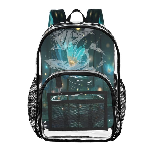 Clear PVC Backpack Large Capacity Multi-Pocket Printed Shoulder Bag Lightweight Daypack for School Travel Outdoor Blue Lotus Fireflies