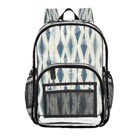 Clear PVC Backpack Large Capacity Multi-Pocket Printed Shoulder Bag Lightweight Daypack for School Travel Outdoor Blue Squares