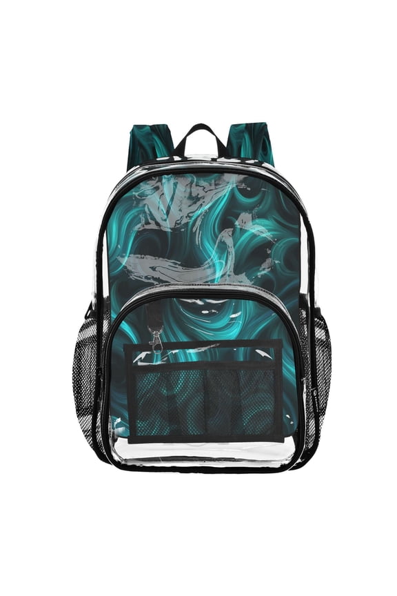 Clear PVC Backpack Large Capacity Multi-Pocket Printed Shoulder Bag Lightweight Daypack for School Travel Outdoor Bold Cyan Green Vortex